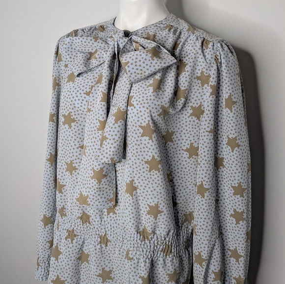 Vintage Louis Feraud Blue Tan Star Tie Neck Long Sleeve Blouse 10 - Picture 2 of 10